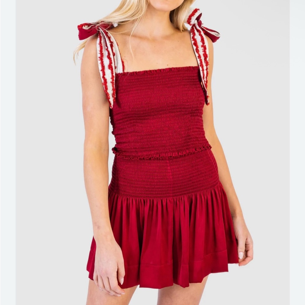 Red Smocked Dress with Bow Straps